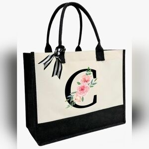 Monogrammed Floral Letter -C- Canvas Tote Bag Zipper Pocket Personalized Gift